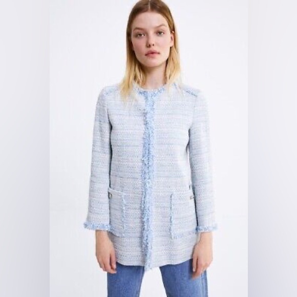 Zara Tweed Jacket Zara Blazer Size XL Zara Blazer long lined open cardigan coat - Picture 3 of 16